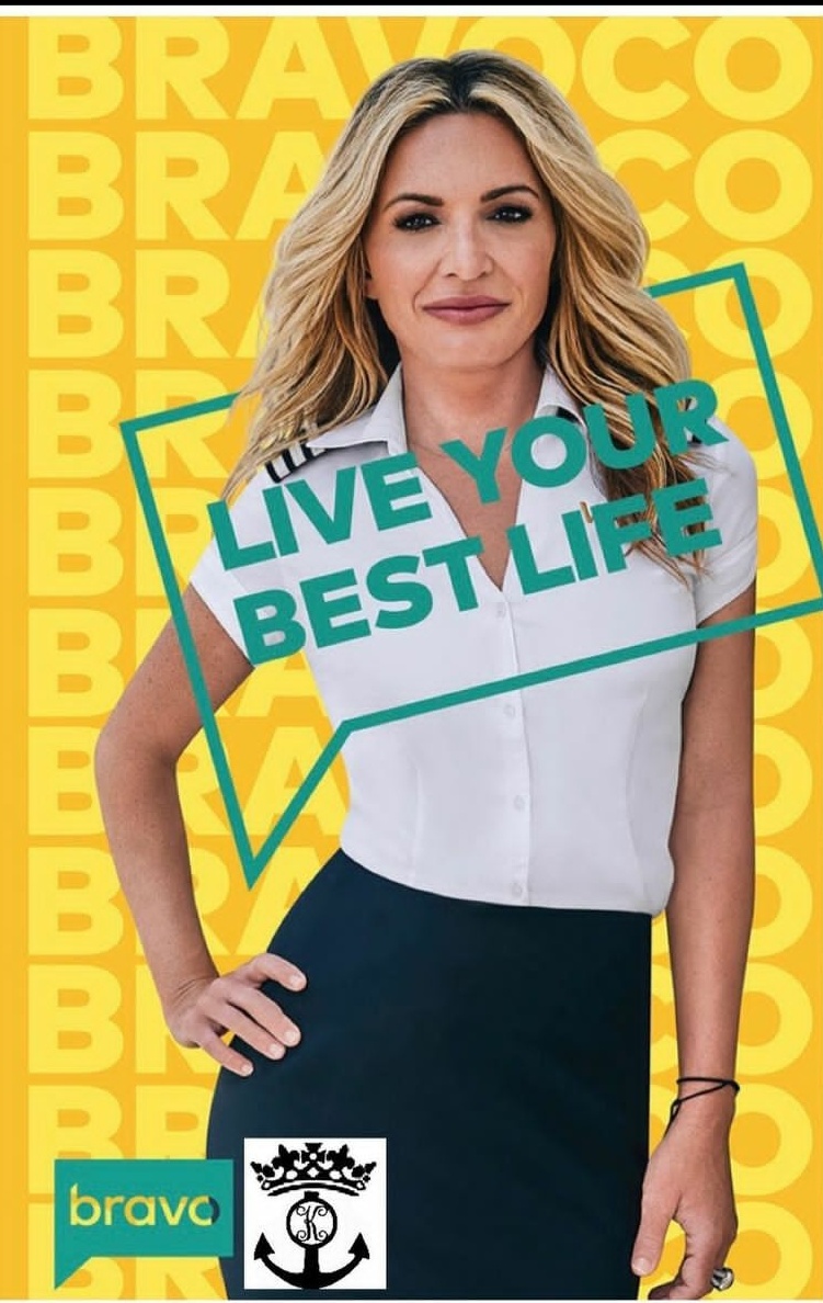 Kate Chastain wearing a white top and black skirt in a poster of Bravo 