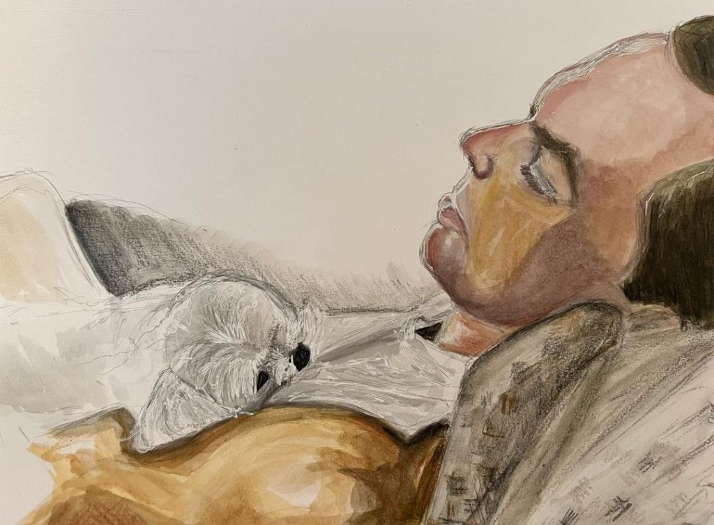 Painting of Jim Parsons sleeping with a dog made by Todd