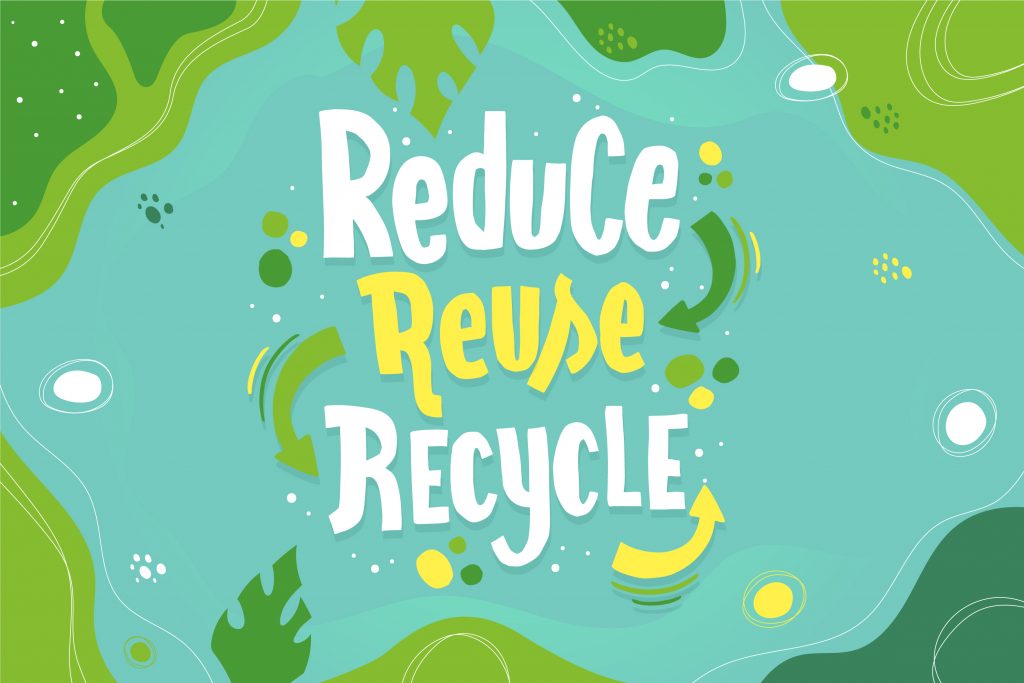 Reduce Reuse Recycle written on a green background.