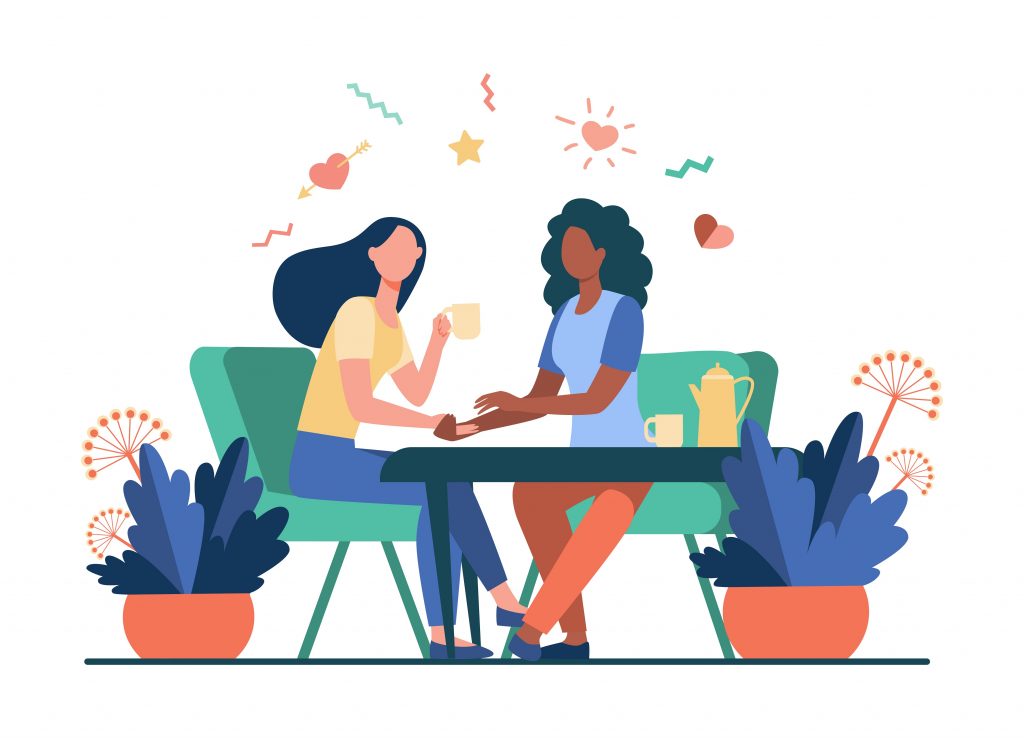 Female friends talking over cup of tea. Holding hand, giving comfort, coffee shop flat vector illustration. Communication, friendship concept for banner, website design or landing web page.