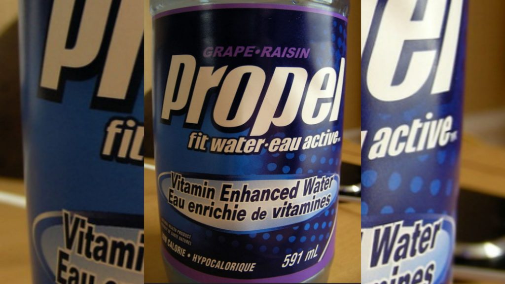 A bottle of Propel water with its label.